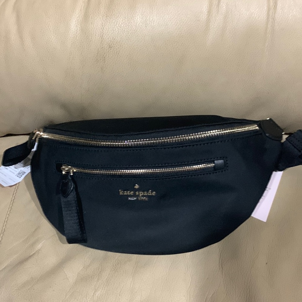 SALE KATE SPADE CHELSEA BELT BAG WAIST FANNY PACK BLACK NYLON LEATHER NWT HEA…